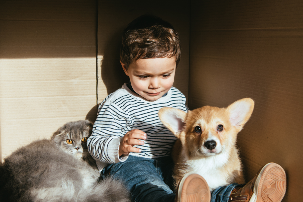 Enfant en nutrition entérale avec son chien et son chat 